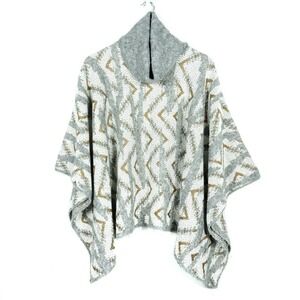 Sita Murt Womens Sweater One Size Geometric White Gray Gold Metallic Knit Poncho